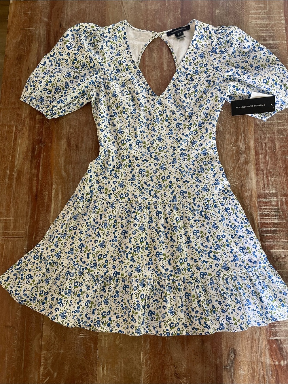 French Connection Blue, White and Green Floral Keyhole Mini Dress